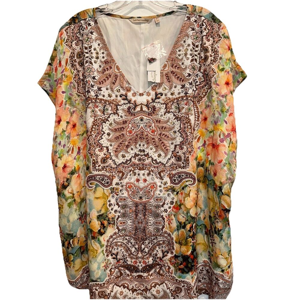 New Soft Surroundings 2X Patria Tunic Short Sleeve Embellished Western Boho